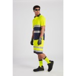 A high-visibility yellow workwear garment featuring retroreflective tape panels, suitable for a wide range of outdoor and site work applications.
