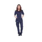 A women's navy blue workwear garment designed for use on construction sites and in industrial work environments.,