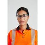 A women's high-visibility orange polo shirt featuring retroreflective tape panels, suitable for a wide range of outdoor and site work applications.