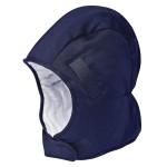 A navy blue safety helmet with an adjustable suspension harness and ventilation slots, providing impact protection on construction sites.