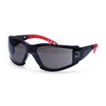 A pair of safety spectacles with clear impact-resistant lenses and adjustable side arms, for eye protection during site work.