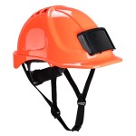 A orange safety helmet with an adjustable suspension harness and ventilation slots, providing impact protection on construction sites.