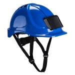A blue safety helmet with an adjustable suspension harness and ventilation slots, providing impact protection on construction sites.