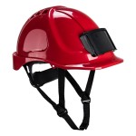 A red safety helmet with an adjustable suspension harness and ventilation slots, providing impact protection on construction sites.