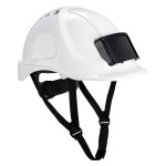 A white safety helmet with an adjustable suspension harness and ventilation slots, providing impact protection on construction sites.