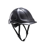 A grey safety helmet with an adjustable suspension harness and ventilation slots, providing impact protection on construction sites.