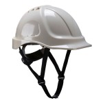 A safety helmet with an adjustable suspension harness and ventilation slots, providing impact protection on construction sites.