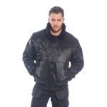 A black jacket designed for use on construction sites and in industrial work environments.,