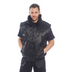 A black jacket designed for use on construction sites and in industrial work environments.,