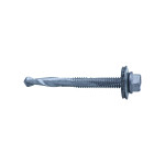A metal self-drilling screw with a hexagonal head, a washer, and a threading body, photographed on a white background.