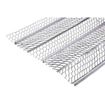 A close-up of a piece of expanded metal lath with diamond-shaped openings and three raised, reinforced rib lines, typically used in construction for plaster or stucco support.