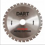 A circular metal saw blade with jagged teeth, labeled DART and PREMIUM METAL CUTTING, with black directional arrows and text indicating it is designed for precision metal cutting.
