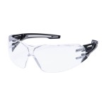 A pair of safety spectacles with clear impact-resistant lenses and adjustable side arms, for eye protection during site work.