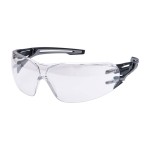 A pair of safety spectacles with clear impact-resistant lenses and adjustable side arms, for eye protection during site work.