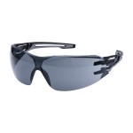 A pair of safety spectacles with clear impact-resistant lenses and adjustable side arms, for eye protection during site work.