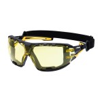 A pair of safety spectacles with clear impact-resistant lenses and adjustable side arms, for eye protection during site work.