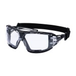 A pair of safety spectacles with clear impact-resistant lenses and adjustable side arms, for eye protection during site work.