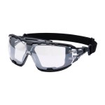 A pair of safety spectacles with clear impact-resistant lenses and adjustable side arms, for eye protection during site work.