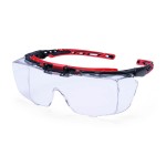 A pair of safety spectacles with clear impact-resistant lenses and adjustable side arms, for eye protection during site work.