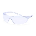 A pair of safety spectacles with clear impact-resistant lenses and adjustable side arms, for eye protection during site work.