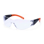 A pair of safety spectacles with clear impact-resistant lenses and adjustable side arms, for eye protection during site work.
