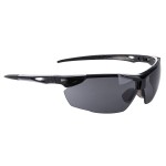 A pair of safety spectacles with clear impact-resistant lenses and adjustable side arms, for eye protection during site work.