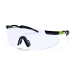 A pair of safety spectacles with clear impact-resistant lenses and adjustable side arms, for eye protection during site work.