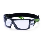 A pair of safety spectacles with clear impact-resistant lenses and adjustable side arms, for eye protection during site work.