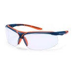 A pair of safety spectacles with clear impact-resistant lenses and adjustable side arms, for eye protection during site work.