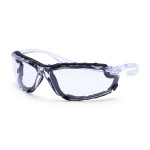 A pair of safety spectacles with clear impact-resistant lenses and adjustable side arms, for eye protection during site work.
