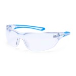 A pair of safety spectacles with clear impact-resistant lenses and adjustable side arms, for eye protection during site work.