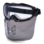 A pair of safety goggles with clear anti-fog lenses and a ventilated PVC frame, offering eye protection against dust and splashes.