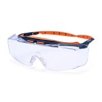 A pair of safety spectacles with clear impact-resistant lenses and adjustable side arms, for eye protection during site work.