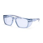 A pair of safety spectacles with clear impact-resistant lenses and adjustable side arms, for eye protection during site work.