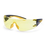 A pair of safety spectacles with clear impact-resistant lenses and adjustable side arms, for eye protection during site work.