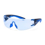 A pair of safety spectacles with blue impact-resistant lenses and adjustable side arms, for eye protection during site work.