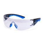 A pair of safety spectacles with clear impact-resistant lenses and adjustable side arms, for eye protection during site work.