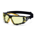 A pair of safety spectacles with clear impact-resistant lenses and adjustable side arms, for eye protection during site work.