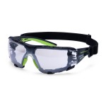 A pair of safety spectacles with clear impact-resistant lenses and adjustable side arms, for eye protection during site work.