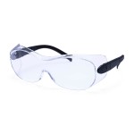 A pair of safety spectacles with clear impact-resistant lenses and adjustable side arms, for eye protection during site work.