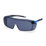 A pair of safety spectacles with clear impact-resistant lenses and adjustable side arms, for eye protection during site work.