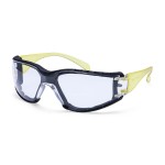 A pair of safety spectacles with clear impact-resistant lenses and adjustable side arms, for eye protection during site work.