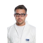 A pair of safety spectacles with clear impact-resistant lenses and adjustable side arms, for eye protection during site work.