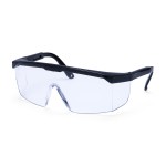 A pair of safety spectacles with clear impact-resistant lenses and adjustable side arms, for eye protection during site work.