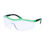 A pair of safety spectacles with clear impact-resistant lenses and adjustable side arms, for eye protection during site work.