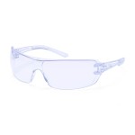 A pair of safety spectacles with clear impact-resistant lenses and adjustable side arms, for eye protection during site work.