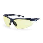A pair of safety spectacles with clear impact-resistant lenses and adjustable side arms, for eye protection during site work.