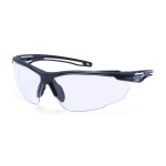 A pair of safety spectacles with clear impact-resistant lenses and adjustable side arms, for eye protection during site work.