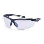 A pair of safety spectacles with clear impact-resistant lenses and adjustable side arms, for eye protection during site work.