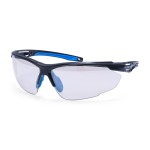 A pair of safety spectacles with clear impact-resistant lenses and adjustable side arms, for eye protection during site work.